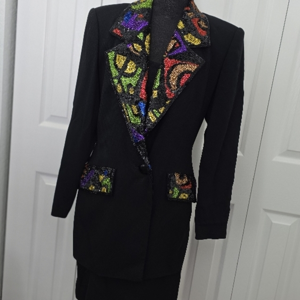 Black Women's Blazer with Multicolor Beaded Trim